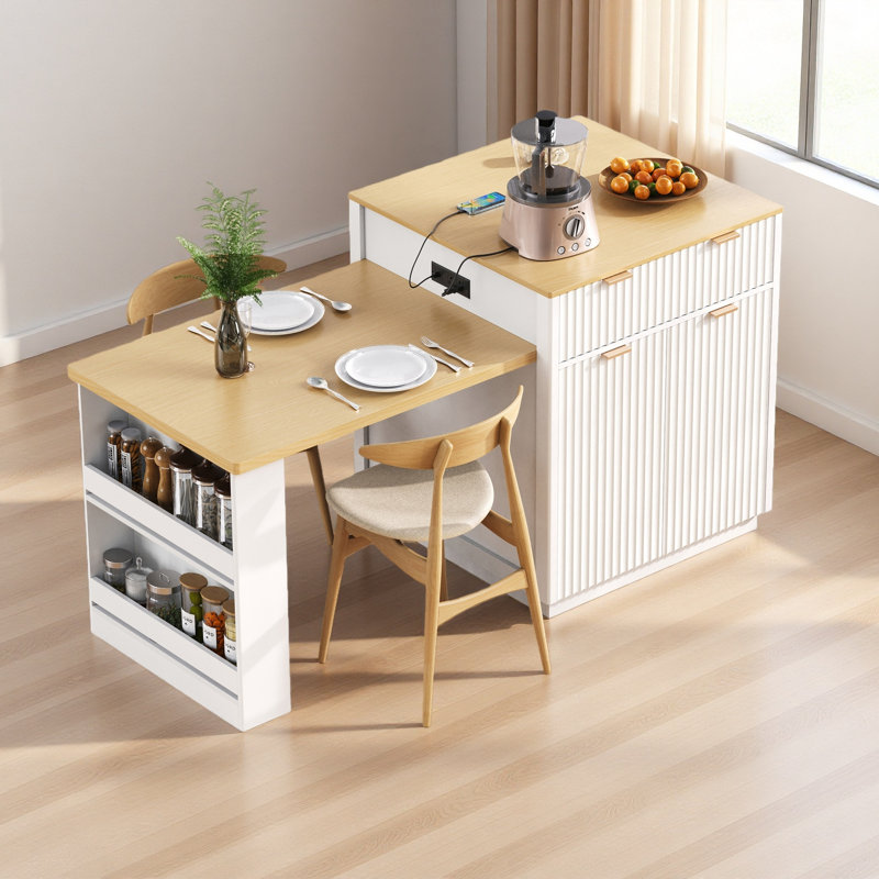 Îlot de cuisine cannelé 82,6 po avec table de salle à manger extensible pour 4 à 6 personnes, table d'îlot de cuisine avec prise de courant, table de cuisine avec rangement double-face