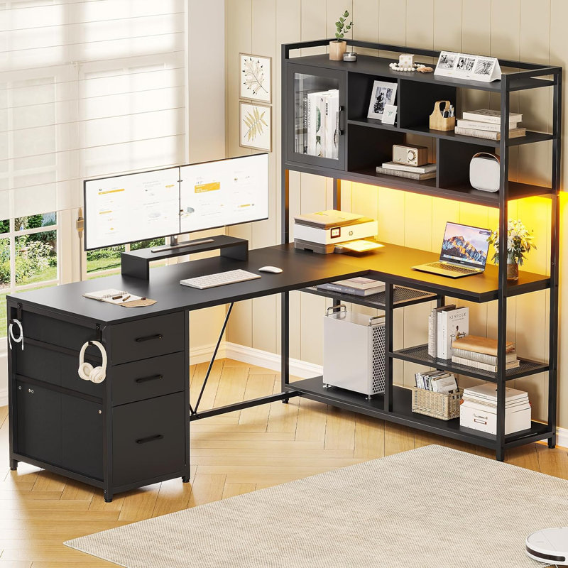 Bureau d'ordinateur en L avec huche 58,3 po Barbarino, Noir