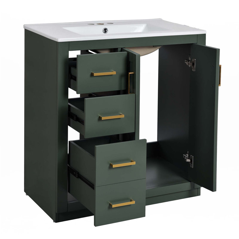 Meuble-lavabo 30 po avec lavabo en céramique, Vert, Doré