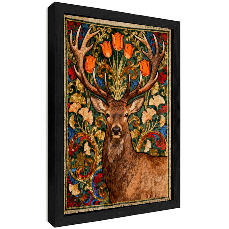 Art mural rétro noir avec encadrement noir William Morris, cerf blanc, H 11 po x l 9 po