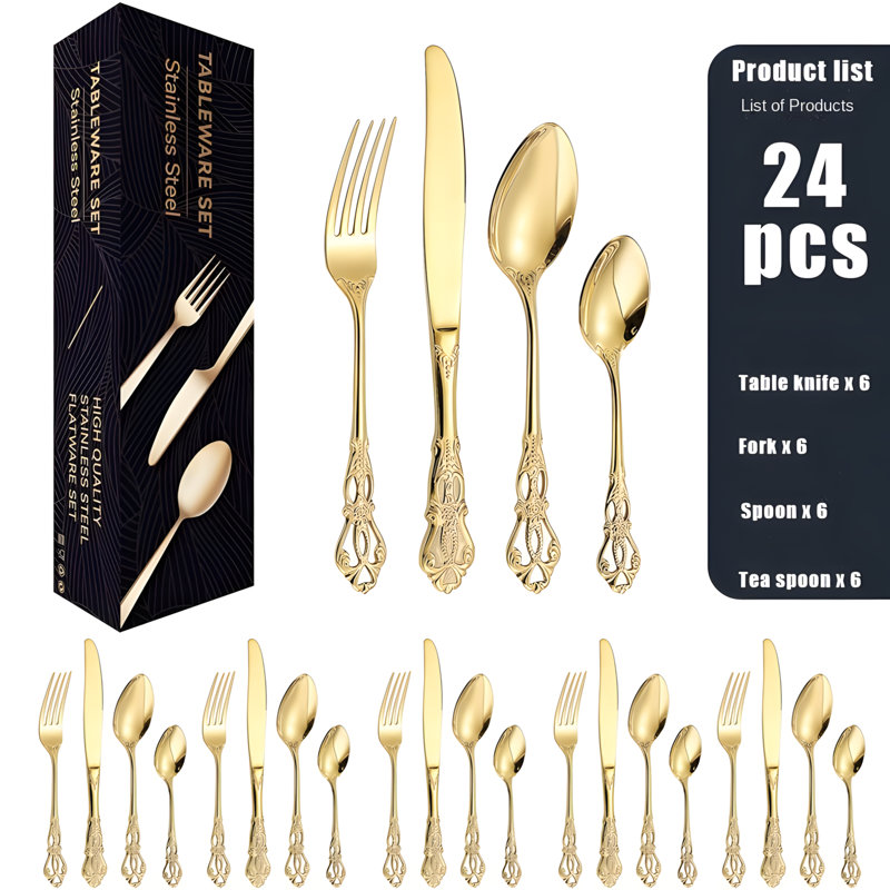 Ensemble de couverts 24 pièces en acier inoxydable au design élégant gravé pour une cuisine raffinée