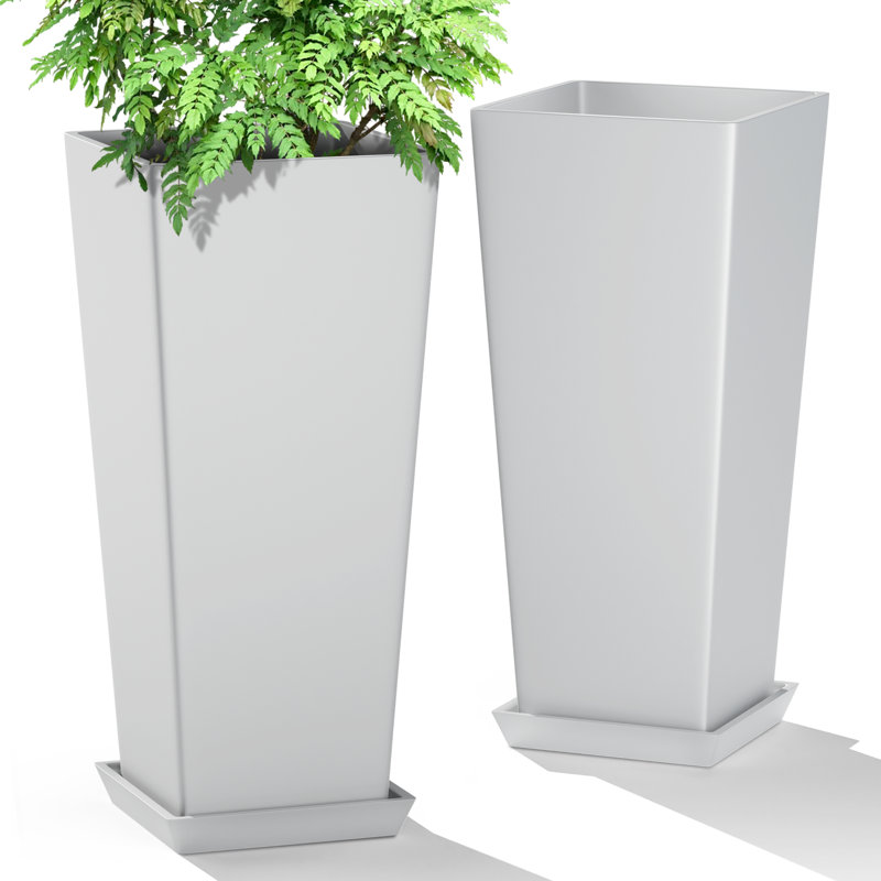 2 Set Tall Planters for Outdoor Plants, 24" Large Planters with Drainage Hole & Saucer, White
