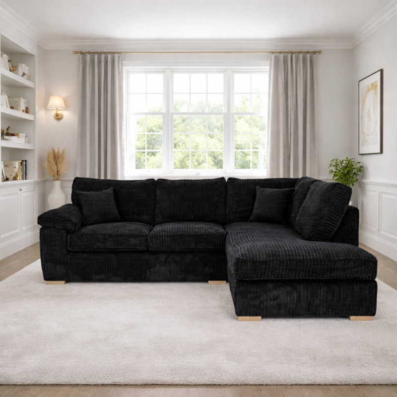 4 Seater Corduroy Sofa & Chaise, Right Hand Facing, Black