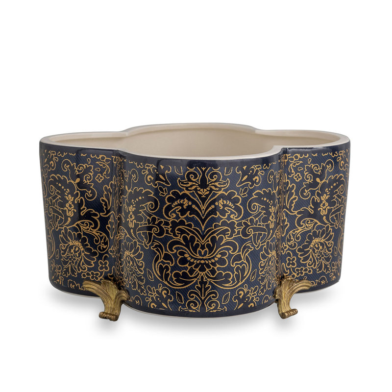 Richmond Damask Oval Planter, 8" H x 14" W x 14" D, Dark Indigo