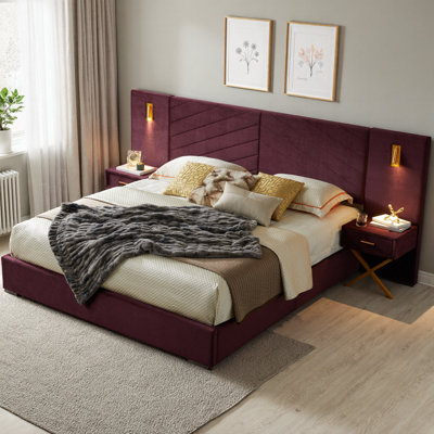 Très grande base de lit en velours avec tête de lit capitonnée à oreilles, lit plateforme tapissier avec lumières DEL et lattes de bois, aucun sommier requis, assemblage facile