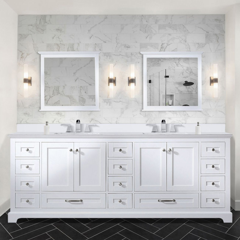 Meuble-lavabo double blanc 84 po X P 22 po P, plateau en quartz blanc et Miroirs, Blanc