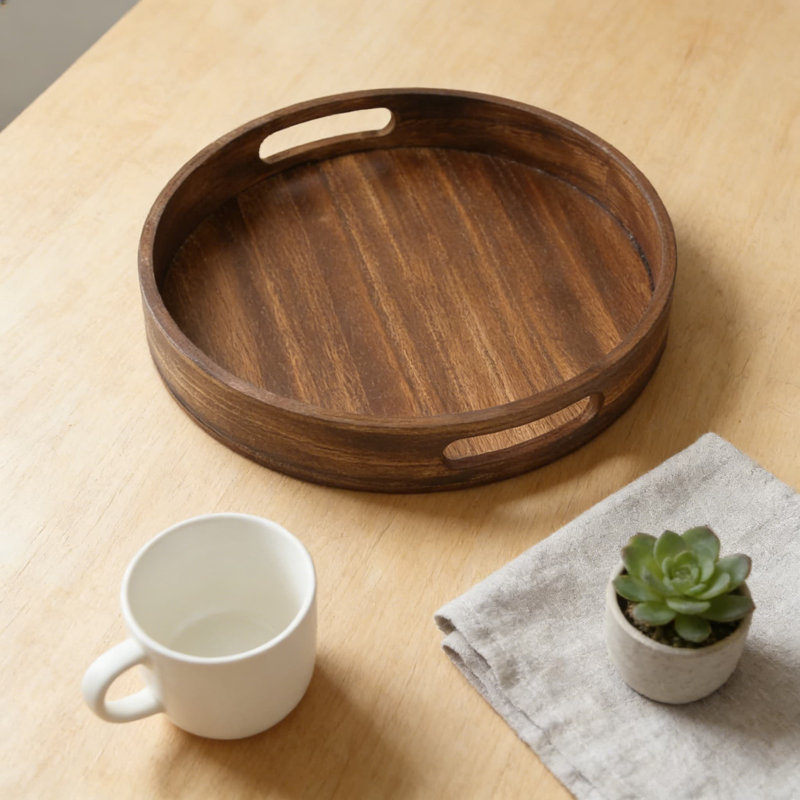 Handmade Round Wooden Serving Tray With Handles, Vintage Decorative Tray For Coffee Table, Kitchen Counter, And Home Organization, Farmhouse Rustic Style