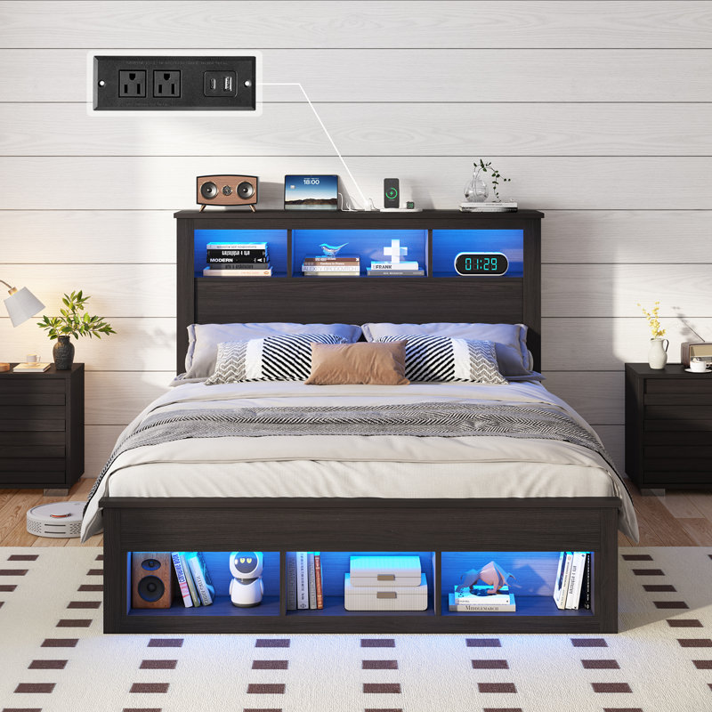 Revan Ivy Bronx Bed Frame With Storage Headboard&footboard, Wooden Platform Bed With Charging Station&led Light,no Box Spring Needed