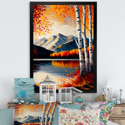 «Red and Orange Birch Trees By The Lake V», art mural sur toile