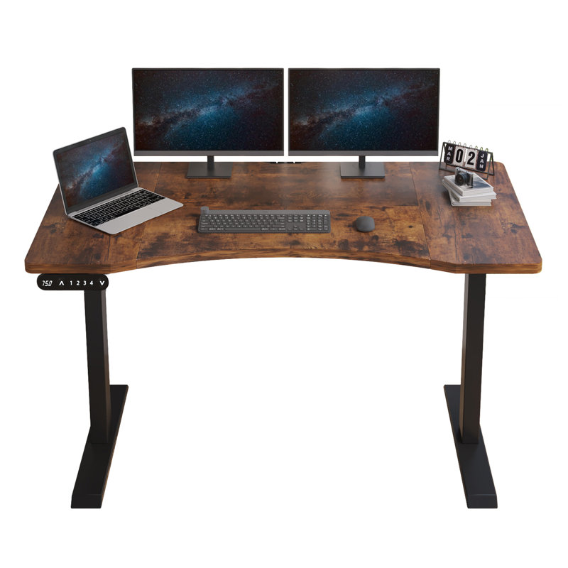Latysha Dual Motor Electric Height Adjustable Curved Standing Desk, Brown/Black, 45" H x 55" W x 30" D
