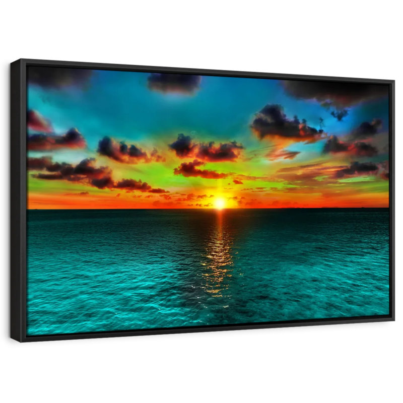 Coucher de soleil et océan, reproduction sur toile, H 13 po x l 19 po