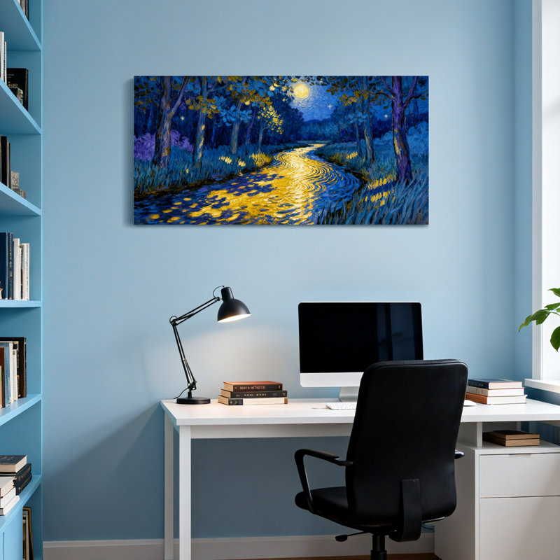 Paysage et nature au clair de lune avec des reflets dorés, H 28 po x l 58 po