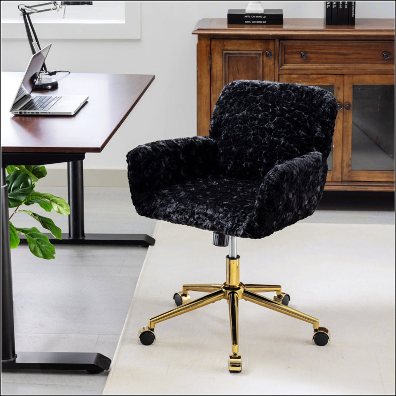 Chaise de bureau, chaise de bureau artificielle avec base en métal doré, chaise de bureau pivotante réglable, Noir