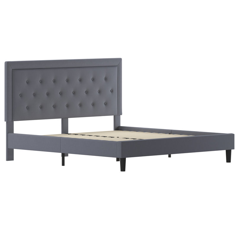 Aluino Panel Button Tufted Upholstered Platform Bed Frame - No Box Spring Required, King, Light Gray