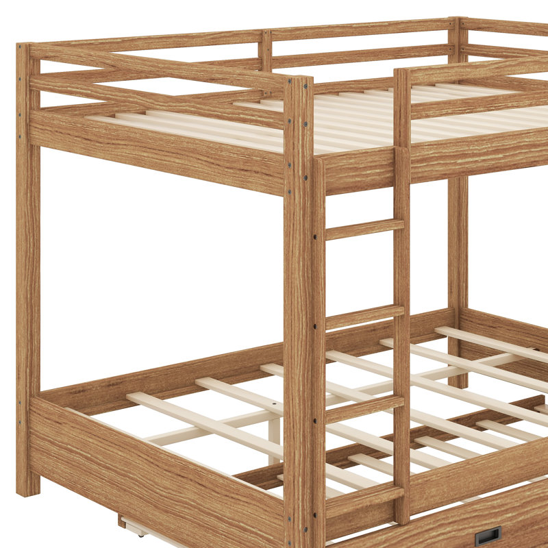 Wood Queen Size Bunk Bed With Ladder And Trundle, Wood