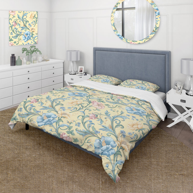 Ensemble de housse de couette bleu, beige et floral Vintage Paradise I, Housse de couette simple + 2 taies décoratives st