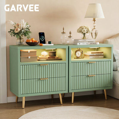 23.6" Wide Bedside table with USB Charging Station & LED Light – 2-Drawer Modern Bedroom Side Table – Fruit brand Green