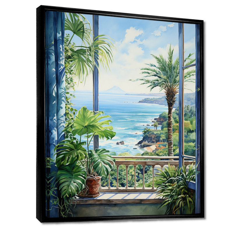 «Tropical Windows To The Beach II - Coastal Windows», art mural, Cadre flottant noir, H 32 po x l 24 po x P 1 po