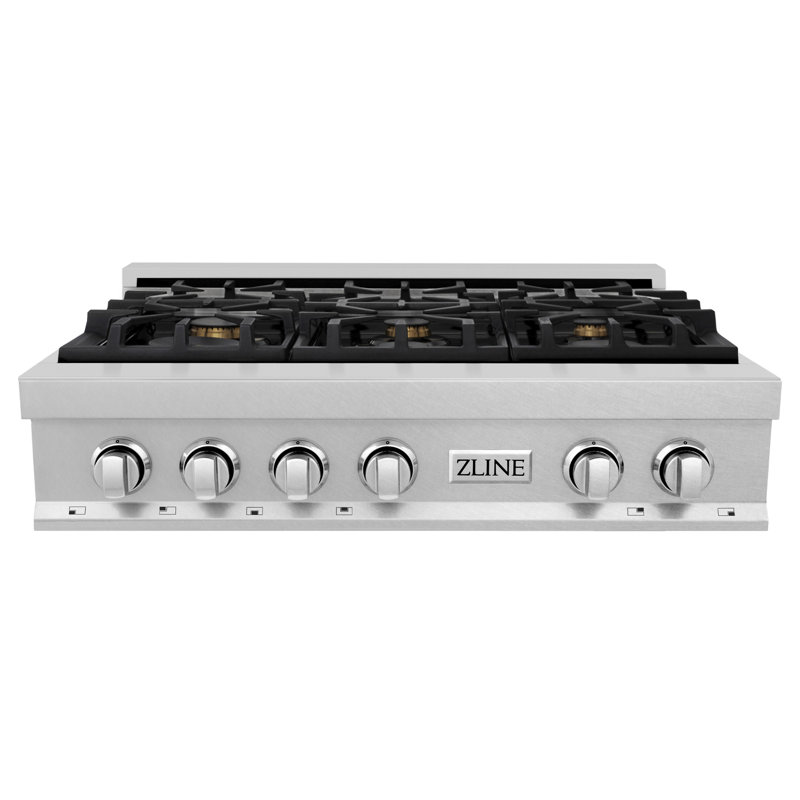 ZLINE 36 In. Legacy Gas Rangetop with 6 Burners and Porcelain Cooktop in Satin, Stainless Steel/Brass Burners