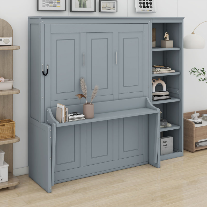 Lit escamotable avec bureau et bibliothèque Murphy, gris, Full
