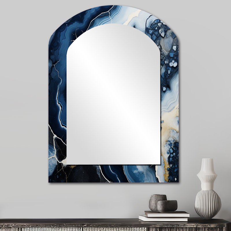 «Blue Stone Geode», peinture, miroir en forme de pierre unique, 34 po x 25 po