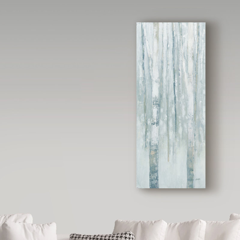 «Birches in Winter Blue Gray Panel I», reproduction de peinture acrylique sur toile tendue, H 32 po x l 14 po x P 2 po