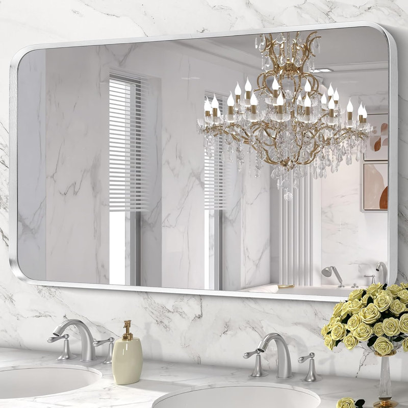 Miroir mural de salle de bain en nickel brossé, grand miroir rectangulaire de coin arrondi avec cadre en métal argenté, verre trempé, incassable, suspension horizontale ou verticale (28 po x 60 po, argent)