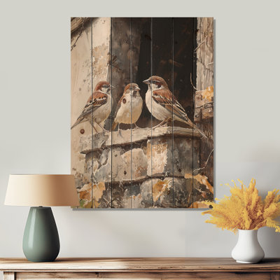 Sparrows Birds In The Farmyard III - Art mural en bois oiseau - sur bois de pin naturel