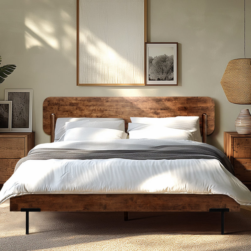 Grand lit plateforme en bois massif scandinave avec tête de lit, capacité de 800 lb, anti-dérapant et silencieux, assemblage rapide, noyer