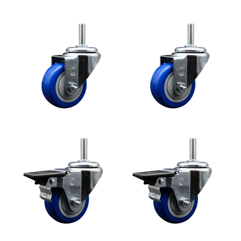 Ensemble de roulettes à tige filetée pivotante de 3 po à roue pivotante de 5/8 po et 2 freins, Bleu