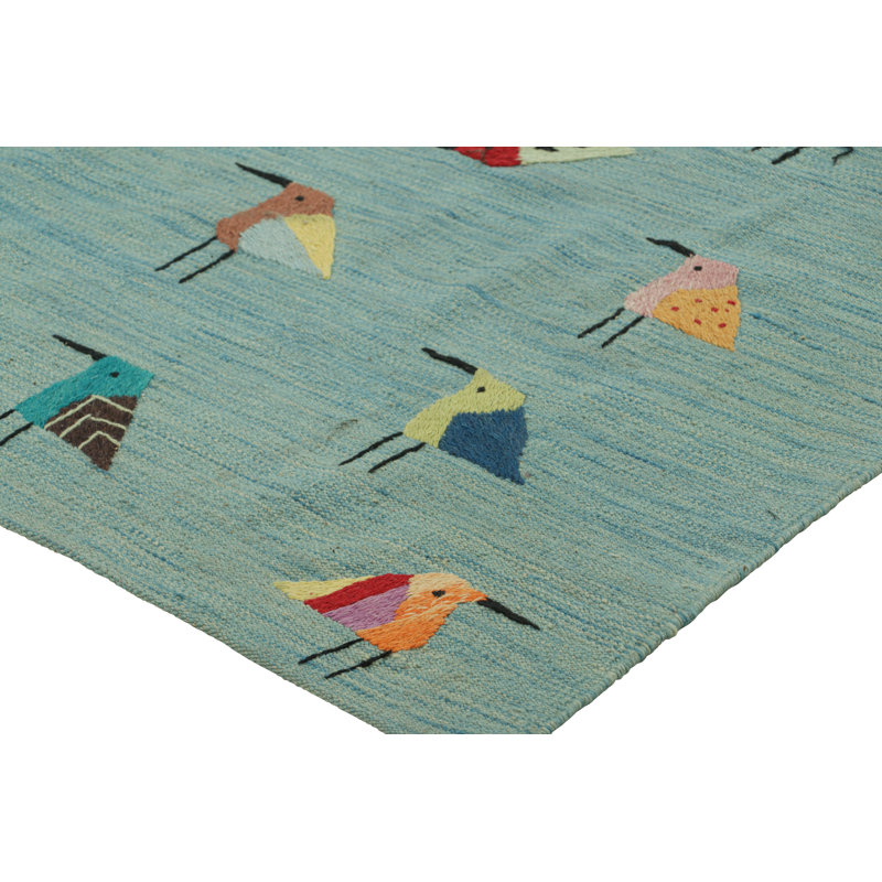 Rug & Kilim’S Suzani Kilim In Sky Blue With Polychromatic Bird Pictorials, Rectangle 5' x 7'