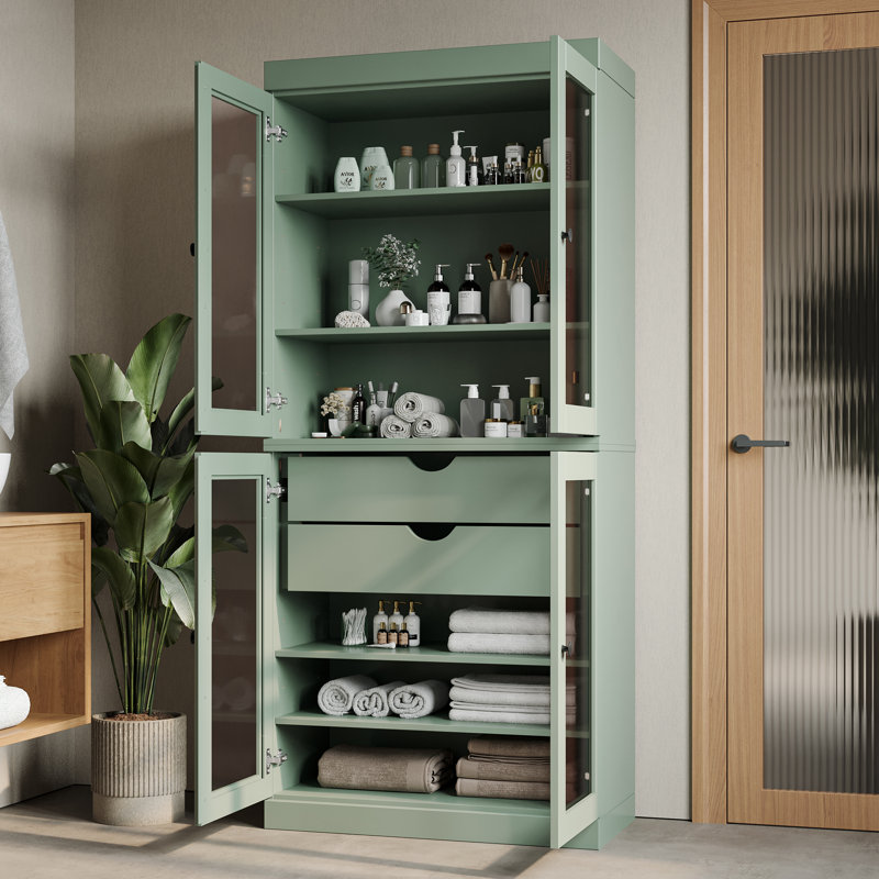 Armoire de rangement autoportante en bois massif l 32 po x H 71,5 po avec portes en verre transparent, 2 tiroirs et tablettes réglables - Organisateur de salle de bain moderne