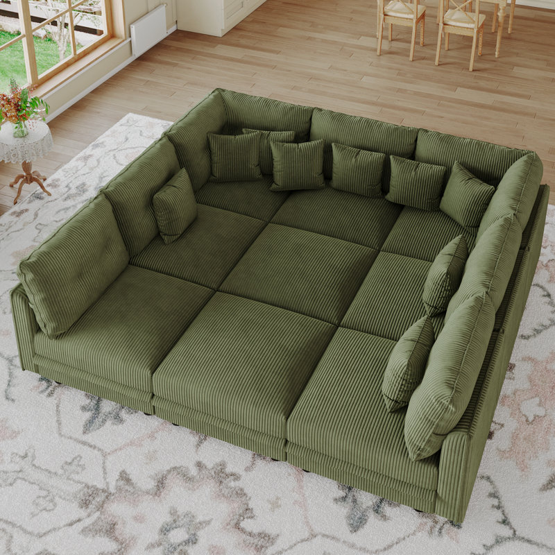 Canapé-lit modulaire convertible en velours côtelé 9 places Degennaro avec rangement, Velours côtelé vert