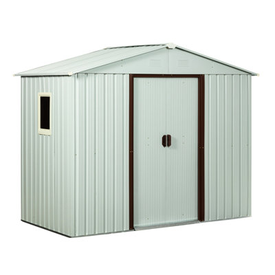 Unité de rangement d'extérieur en métal 8 pi x 4 pi, structure en acier galvanisé blanc, évents perforés aérés, portes coulissantes, cadenas, cadre de montage à étapes simples, portes avec installation sans effort
