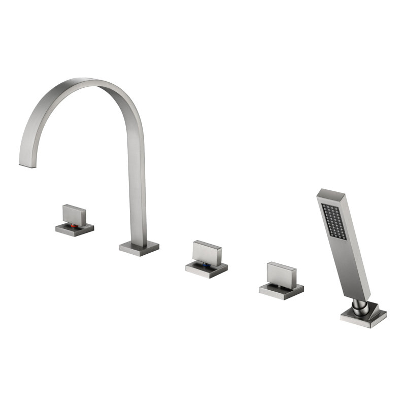 Robinet de baignoire romaine contemporaine à 5 trous et 3 poignées Sumerain, robinet de baignoire cascade avec douche à main, nickel brossé, valve en céramique et laiton massif