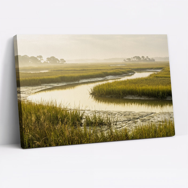 Tableau sur toile représentant un paysage de marais brumeux avec un ruisseau sinueux, 20"H x 30"W