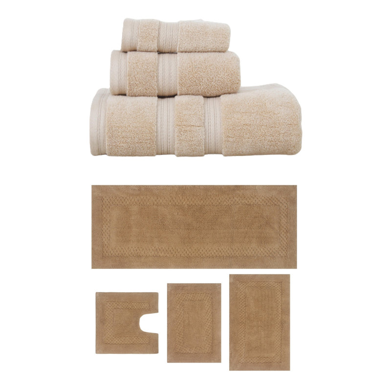 Bublitz Classy Bath Mat 100% Soft Cotton Towel Set & Bath Rug Combo, Linen, 7 Piece Towel Set
