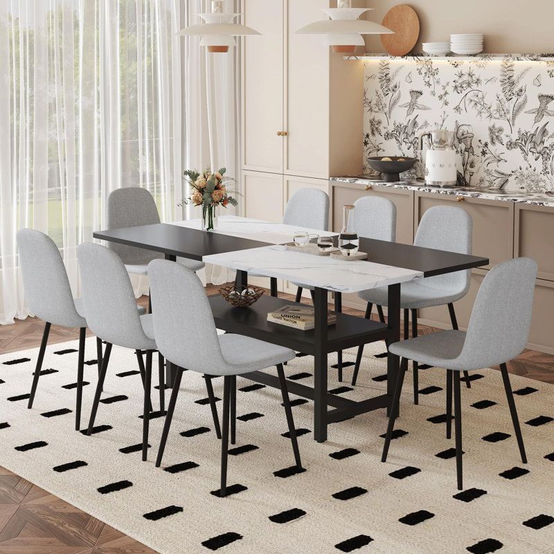 Ensemble de table de salle à manger rectangulaire pour 8 personnes, ensemble de table de salle à manger de style campagnard de 71 po avec 8 chaises rembourrées et une étagère de rangement, plateau de table en grain de marbre avec structure en métal, fendu noir / blanc