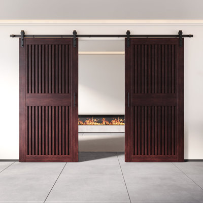 Homacer Red Mahogany Double 30in x 84in Unassembled & Finished Diamond Design Barn Doors with Non-Bypass Installation Hardware Kit, 11ft track, interior use only