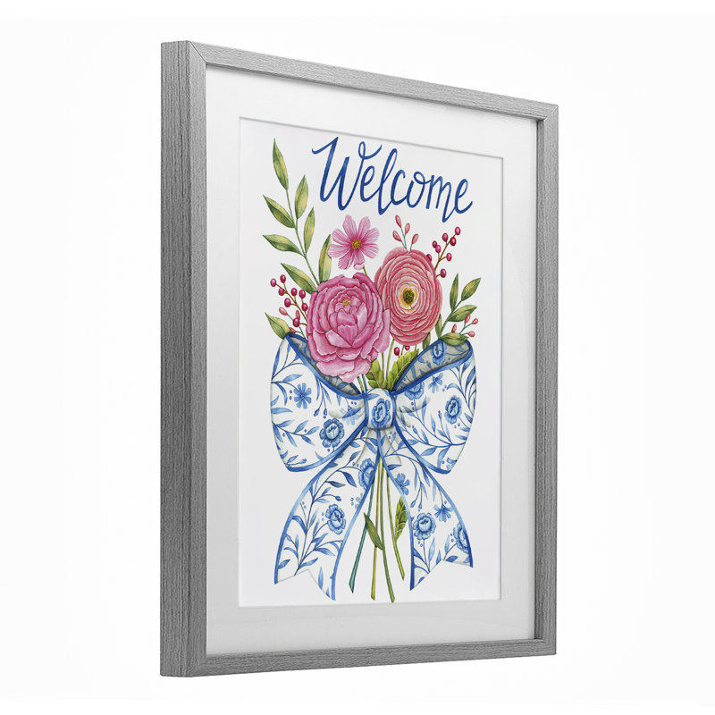 «Bow & Flowers Welcome», reproduction encadrée sous verre, conception de Deb Strain, Cadre de ferme gris, H 16 po x l 13 po
