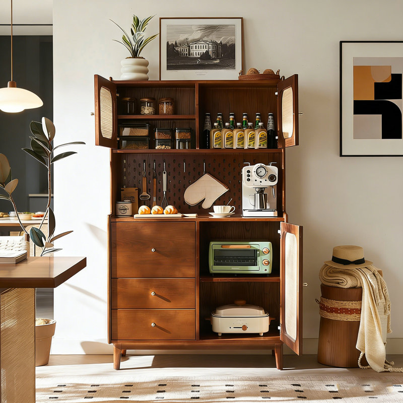 Modern Solid Wood Sideboard with Rattan Accent
