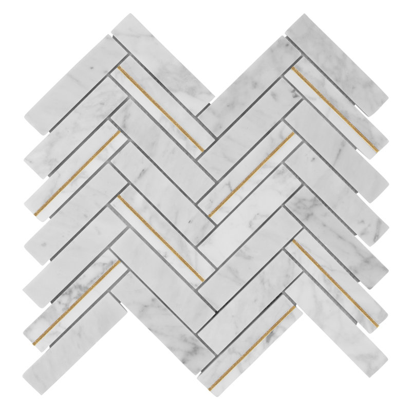 Gold Inlay White Carrara Herringbone Mosaic Tile Backsplash