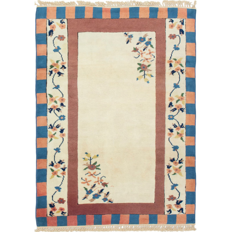 Tapis décoratif en laine de conception unique 4 pi 3 po x 6 pi 5 po Benjamon noué à la main des années 1980/brun/bleu