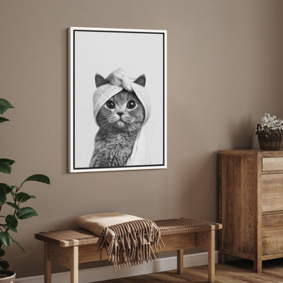 Cute Cat in Towel Canvas Wall Art, Black and White Animal Framed Art Print for Kids’ Bathroom or Whimsical Pet-Themed Space Decor