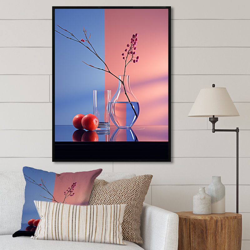 «Blue and Magenta Vase Still Life», reproduction d'art sur toile, Cadre flottant noir, 20" H x 12" W