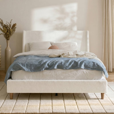 Modern Upholstered Platform Bed with Wingback Headboard and Walnut Wooden Legs, No Box Spring Needed