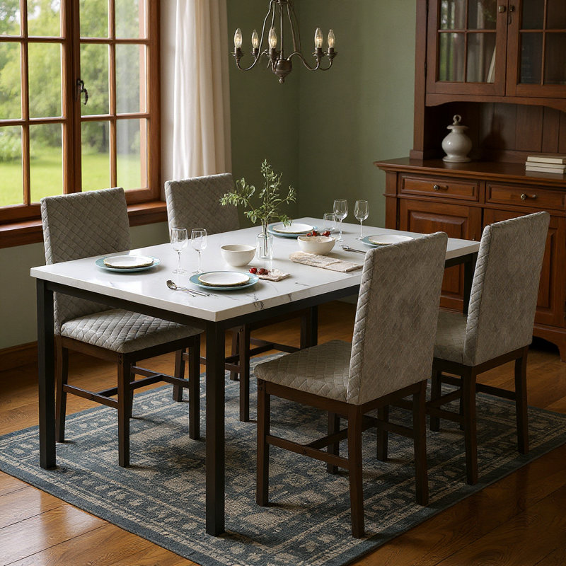 Ensemble de table de salle à manger 5 pièces en faux marbre avec 4 chaises, Blanc, Gris