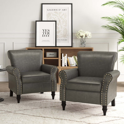 Enoks Traditional Upholstered Gray Faux Leather Armchair with Nailhead Trim
