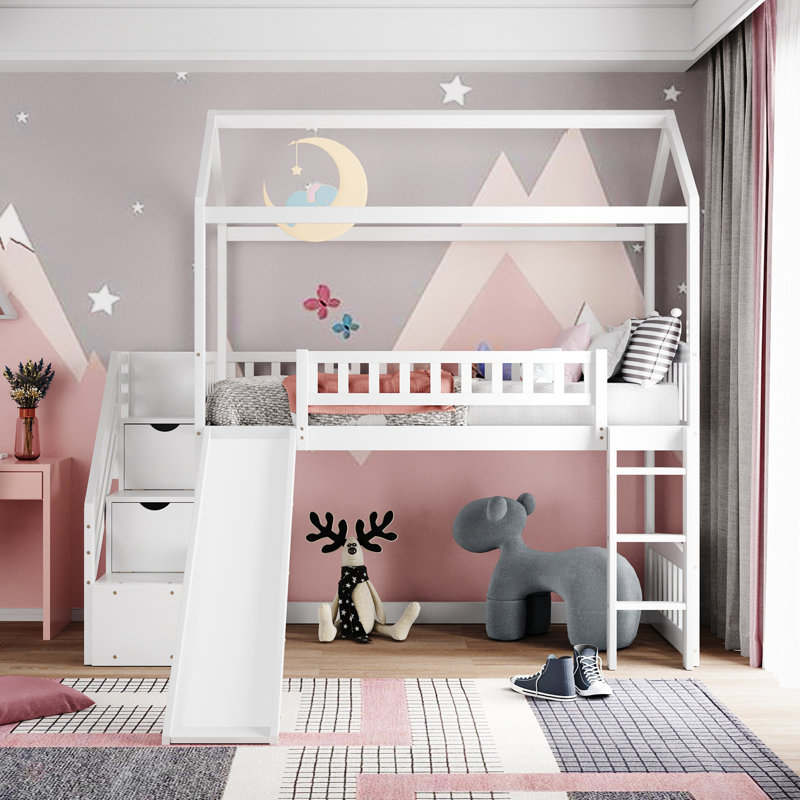 Twin Loft Bed With Two Drawers And Slide, House Bed With Slide