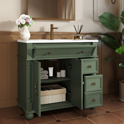 35.6" Roman Column Base Bathroom Sink With Metal Handles And Solid Wood Frame